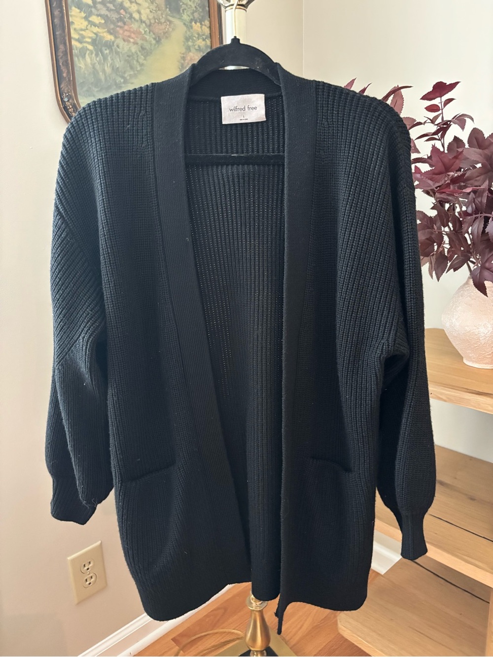 Aritzia Wilfred Chunky Knit Wool Unwind Open Front Cardigan in Black Size Small